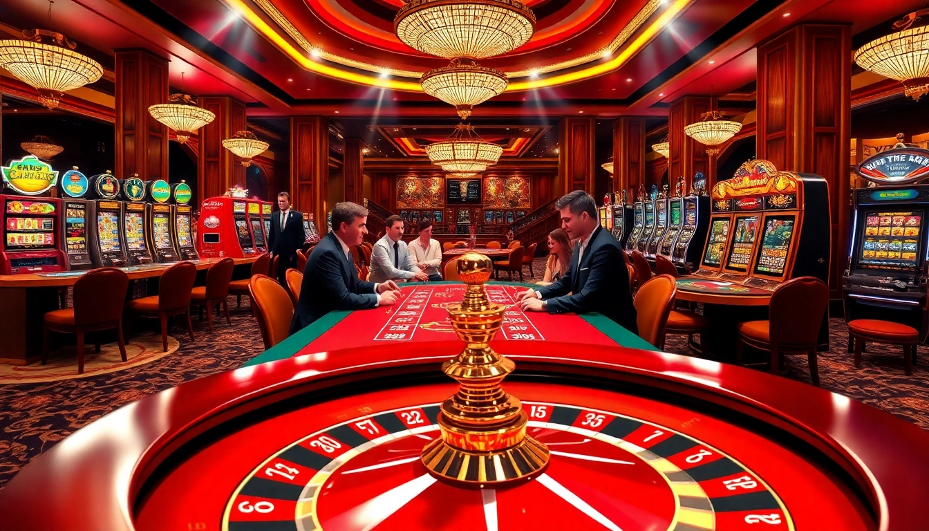 Players engaging in an exciting game at luck8.day casino, featuring poker tables and vibrant slot machines.