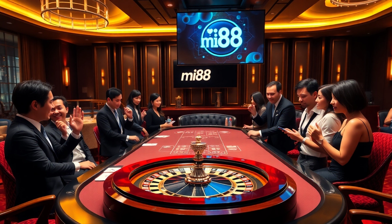Players enjoying a thrilling poker game at mi88, with professional ambiance and rich casino details.