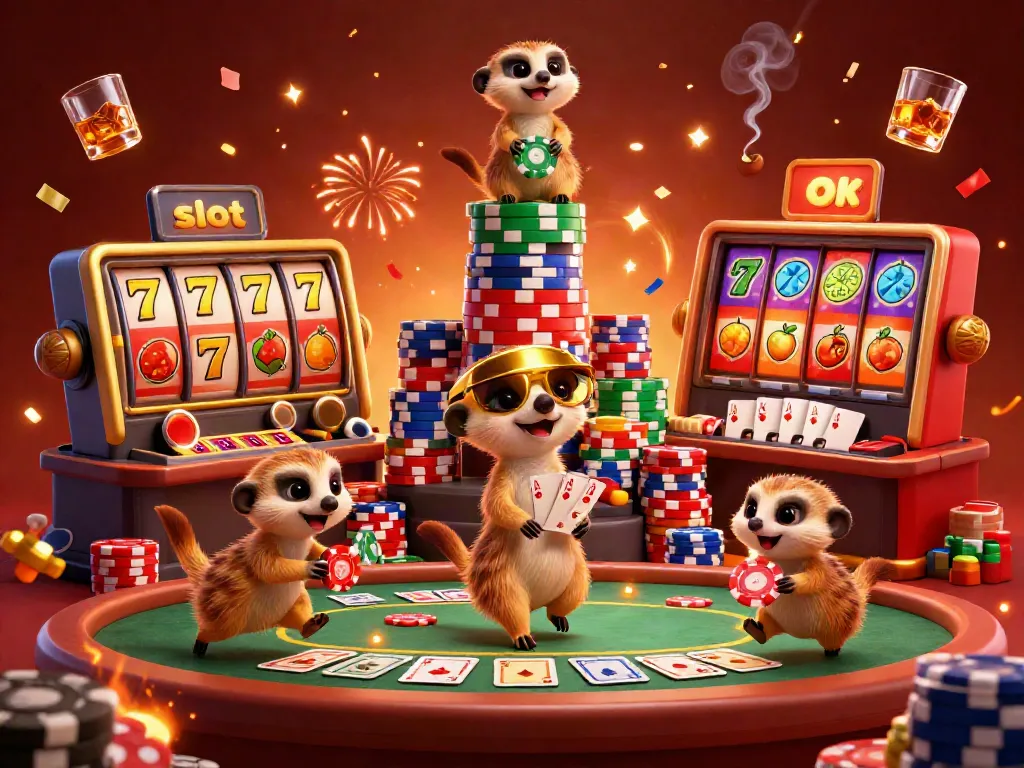 Meerkats operating a colorful casino with slot reels, poker chips, and a festive atmosphere.