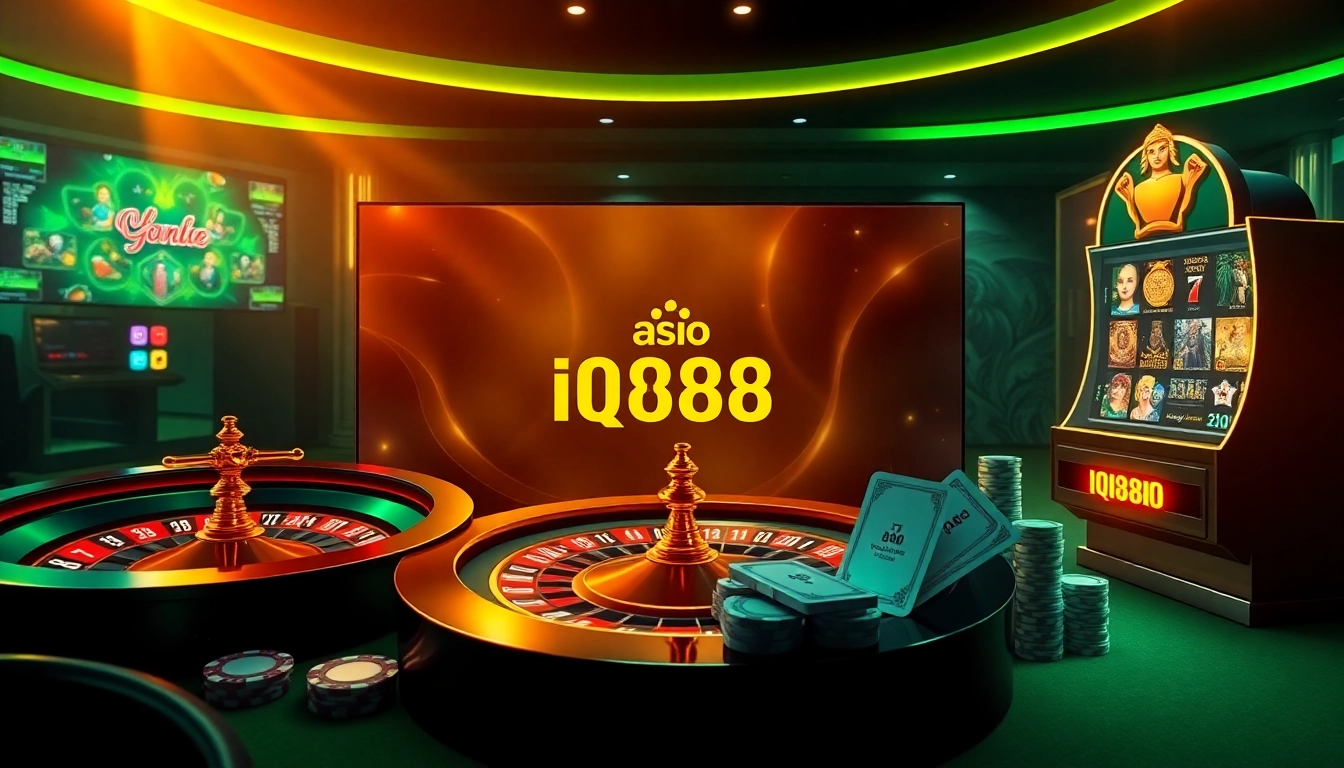 Experience the excitement of gambling with IQ88's online casino features, showcasing poker chips and roulette.