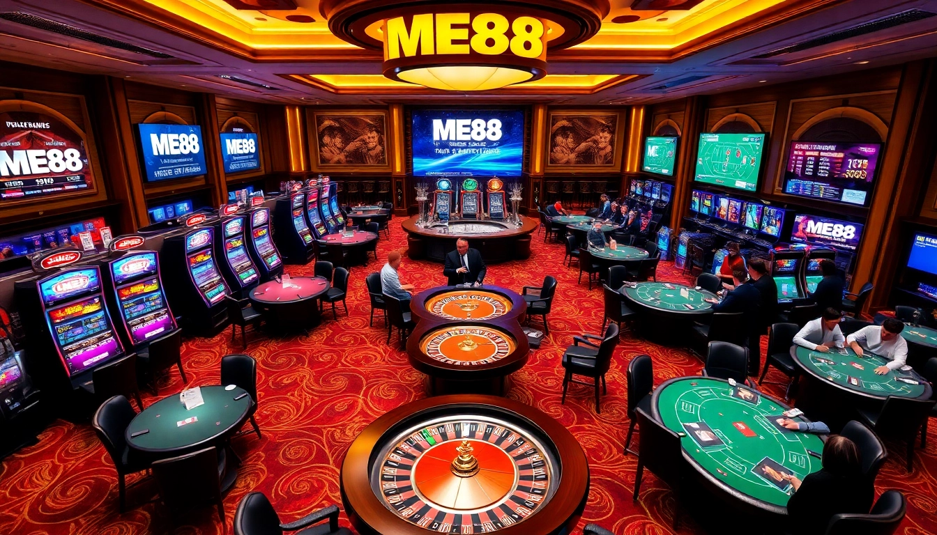 ME88 gaming action at a luxury casino with vibrant slot machines and live poker tables.