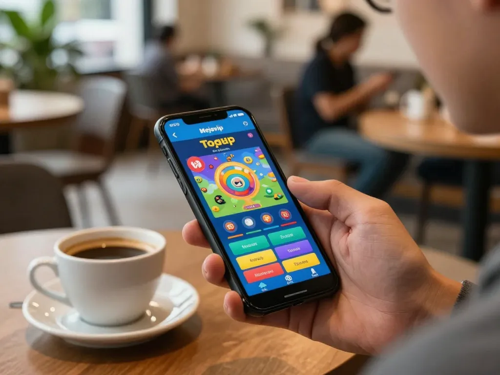 Berinteraksi dengan mejavip togel online di smartphone di suasana kedai kopi yang nyaman.