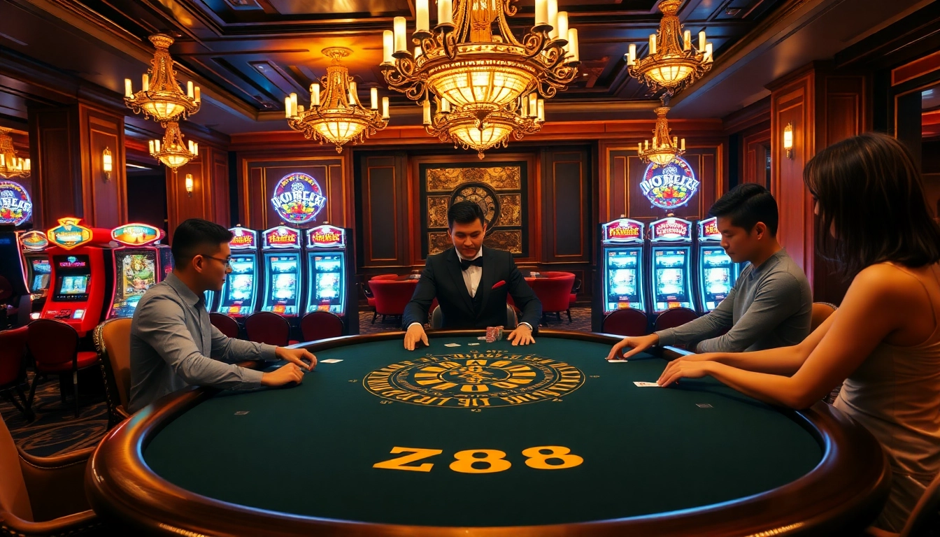ZK88 blackjack table scene highlighting luxurious casino atmosphere with players engaged in high-stakes action.
