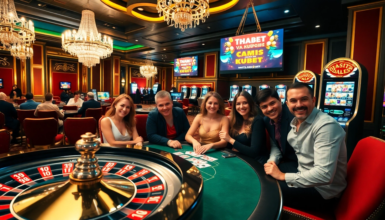 Gamblers enjoying the thrill of thabet và kubet at a luxurious casino table.