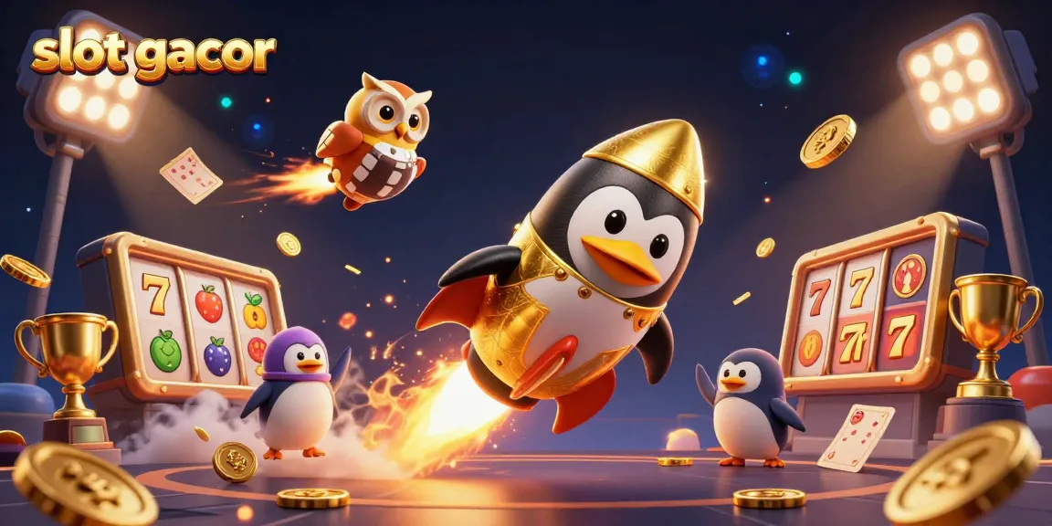 Engage in slot gacor excitement as a golden penguin zooms past jackpot symbols in a cosmic casino.