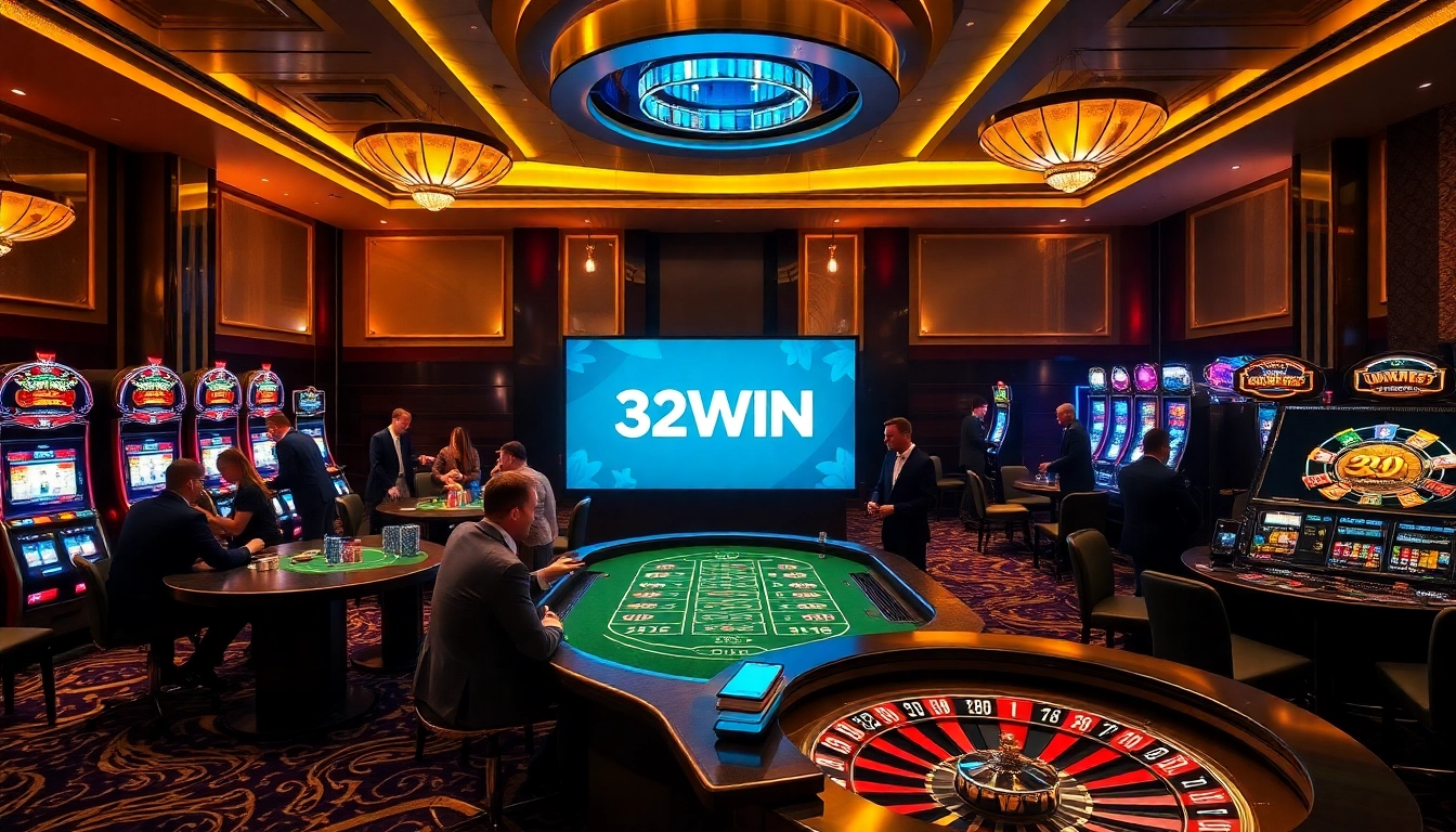 32WIN players enjoying a luxurious casino gaming experience with vibrant slot machines and exciting action.