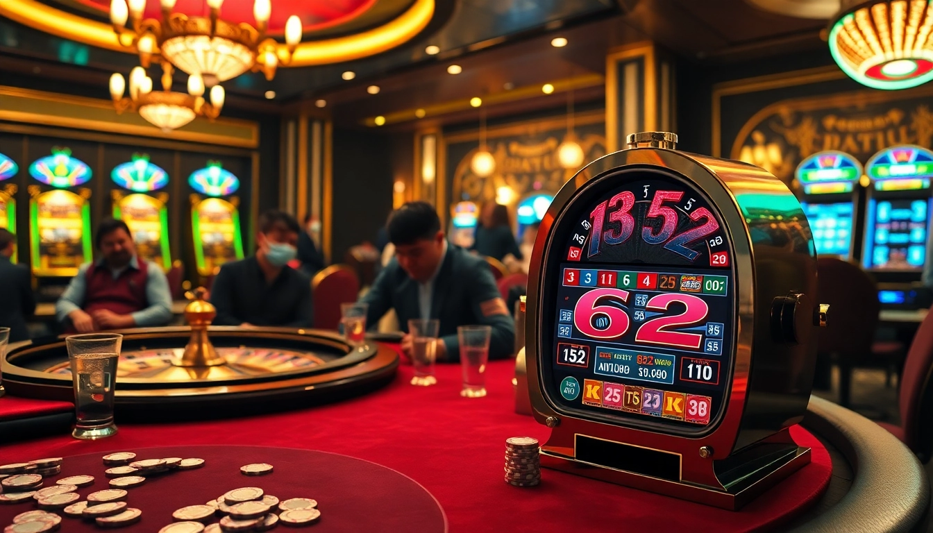 Exciting gambling scene with players at a poker table, highlighting the b52 themed slot machine.