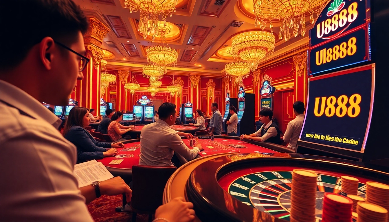 U888 players engaged in exciting casino games, showcasing vibrant gambling energy and thrills.