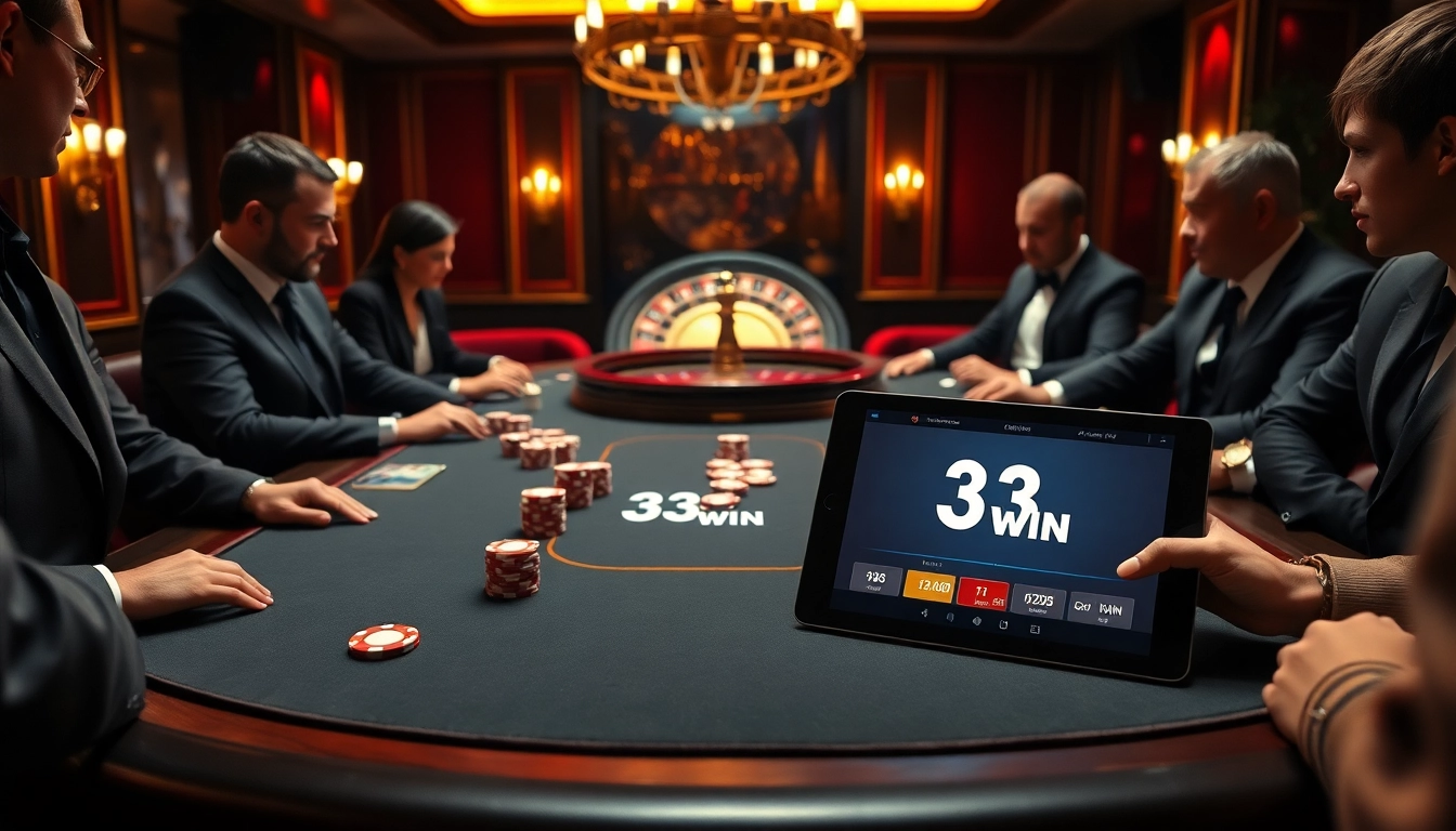 Experience the thrill of 33 WIN at a professional poker table with high-stakes gambling action.