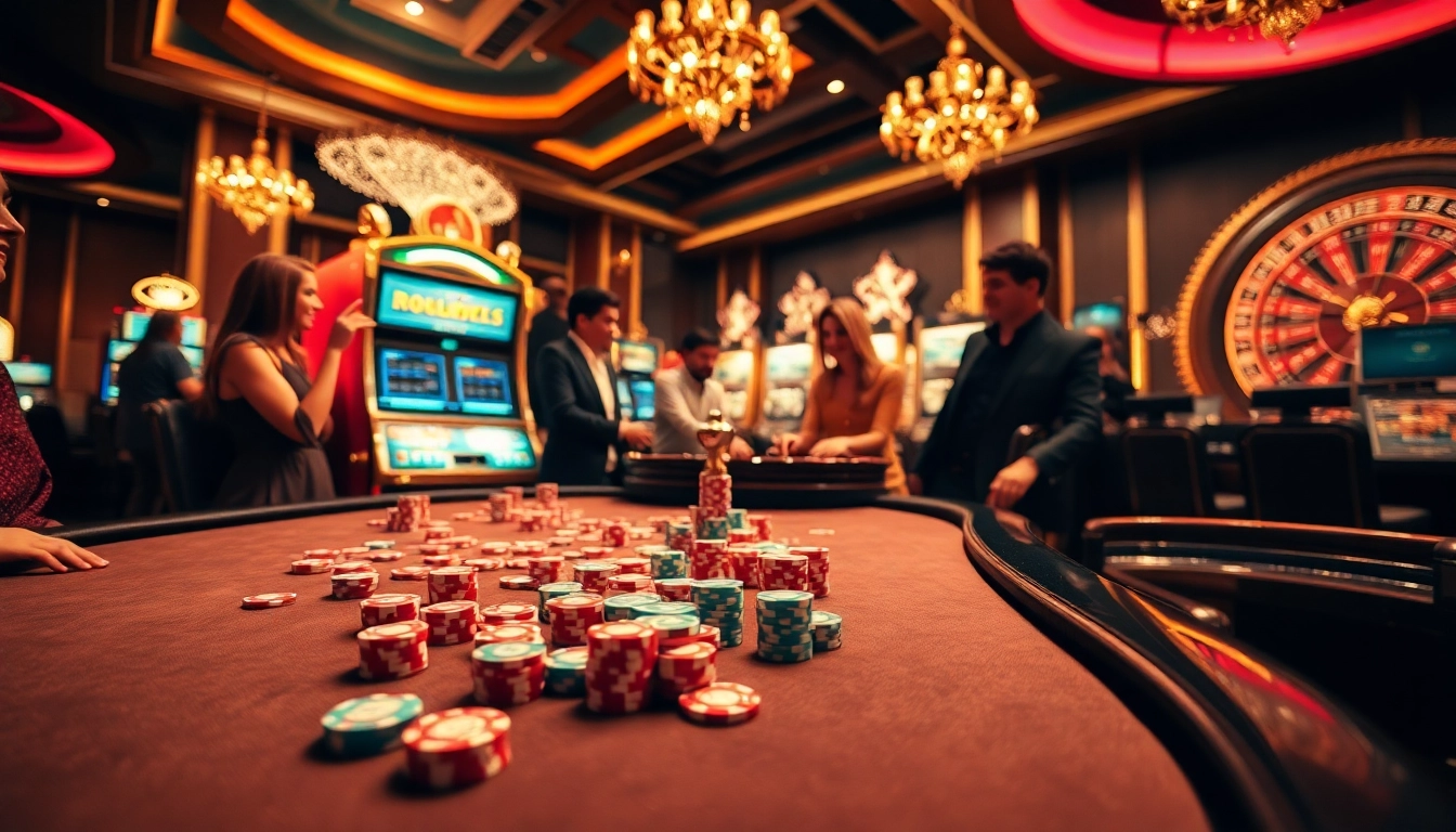 Exciting gambling scene at https://aa888bet.us/ featuring vibrant tables, poker chips, and luxury slot machines.