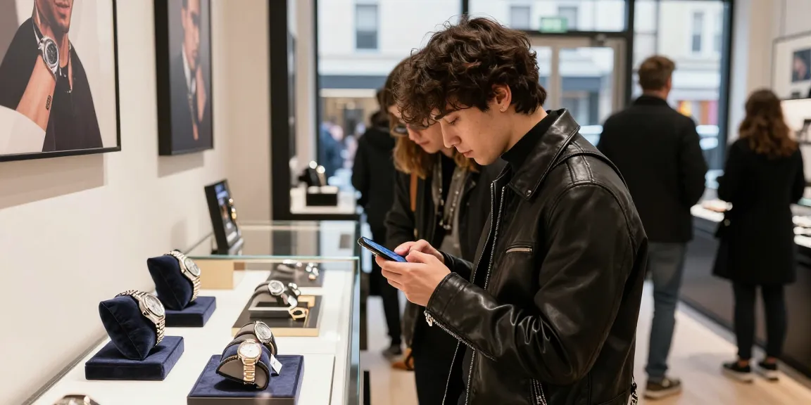 Fashionable shopper exploring replica watches in a trendy boutique