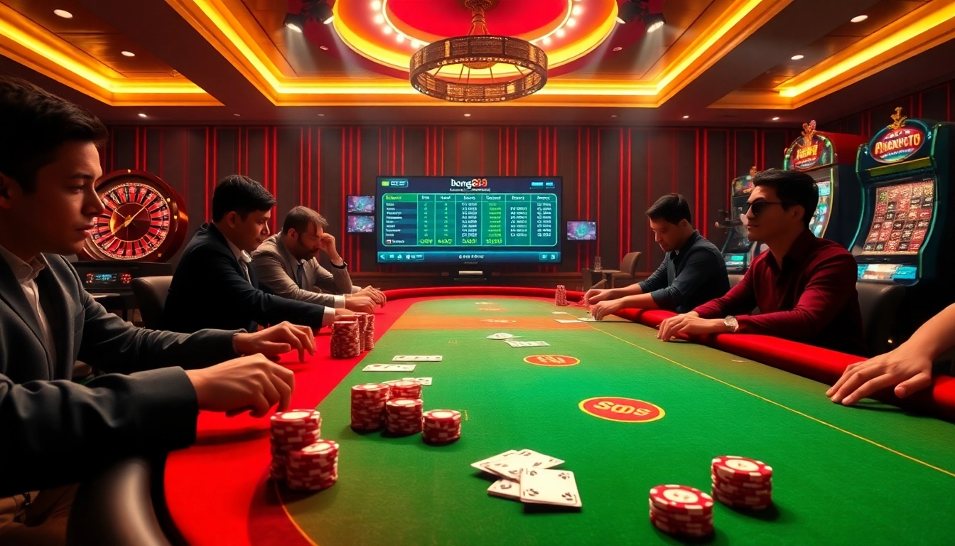 Bong88 players enjoying high-stakes action at a luxurious online casino table.