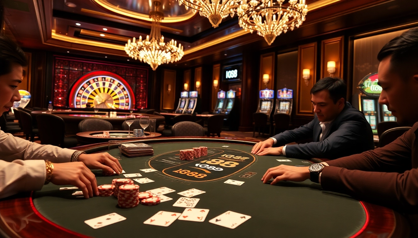 Experience an engaging poker showdown at IQ88's casino table with vibrant chips and cards in action.