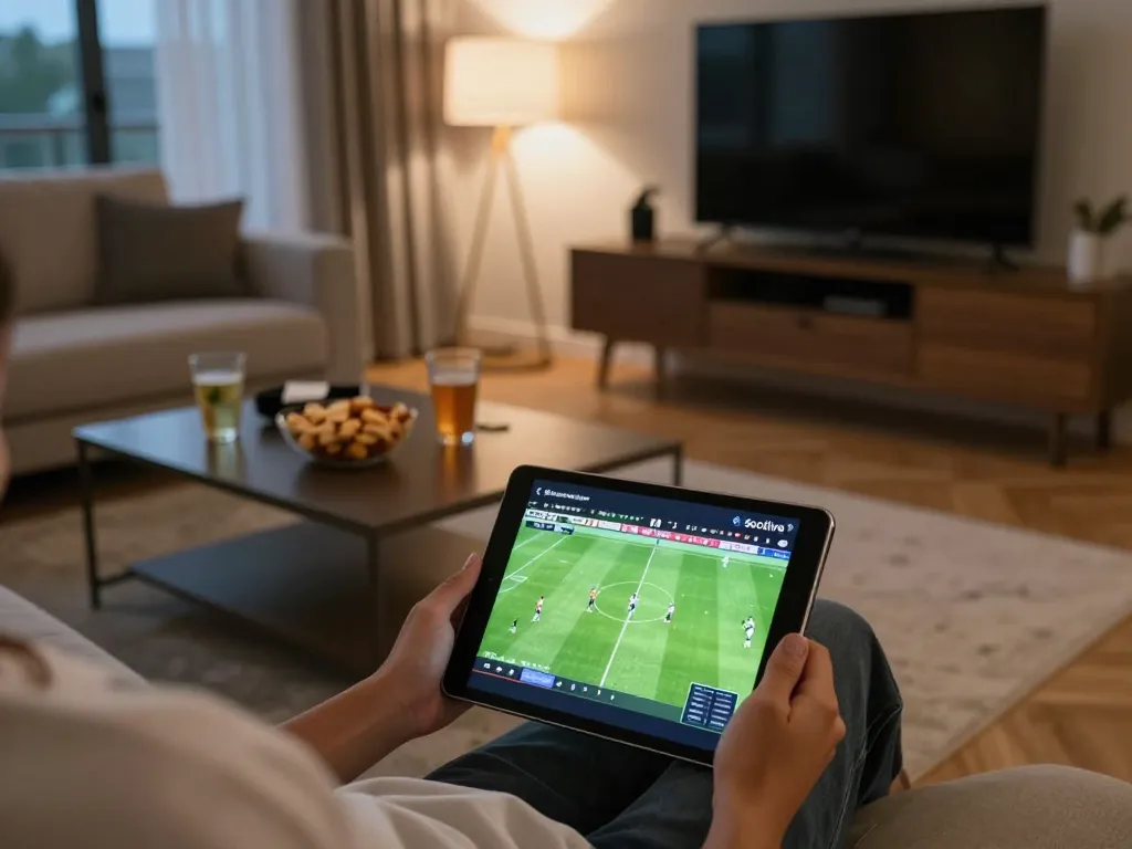 Socolive user enjoying soccer matches on a tablet in a cozy home environment