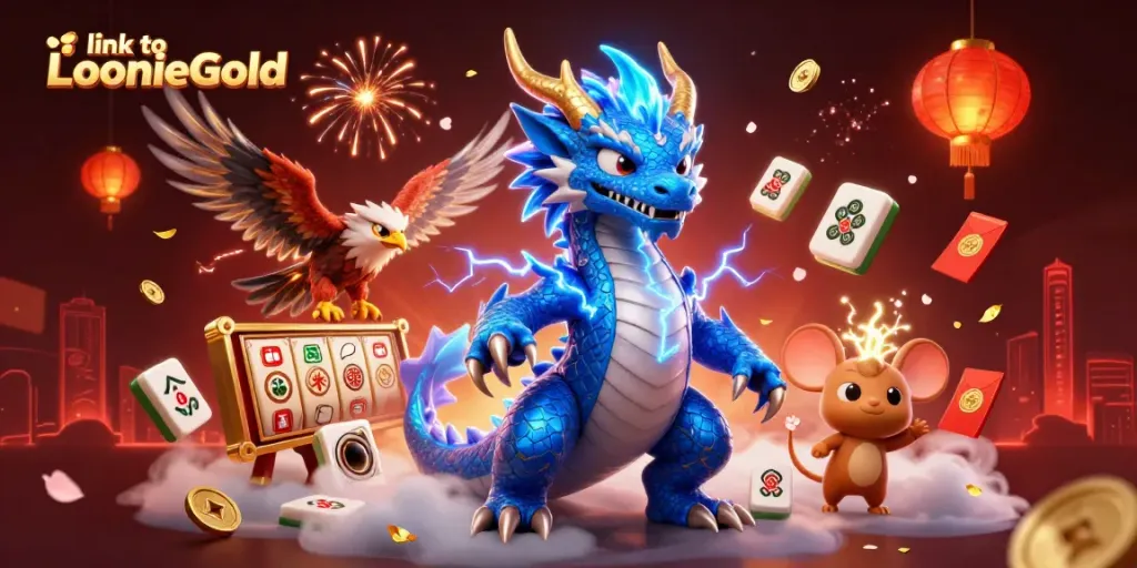 Experience excitement with the link to LoonieGold as a thunder dragon and hawk fill the casino scene with vibrant energy.