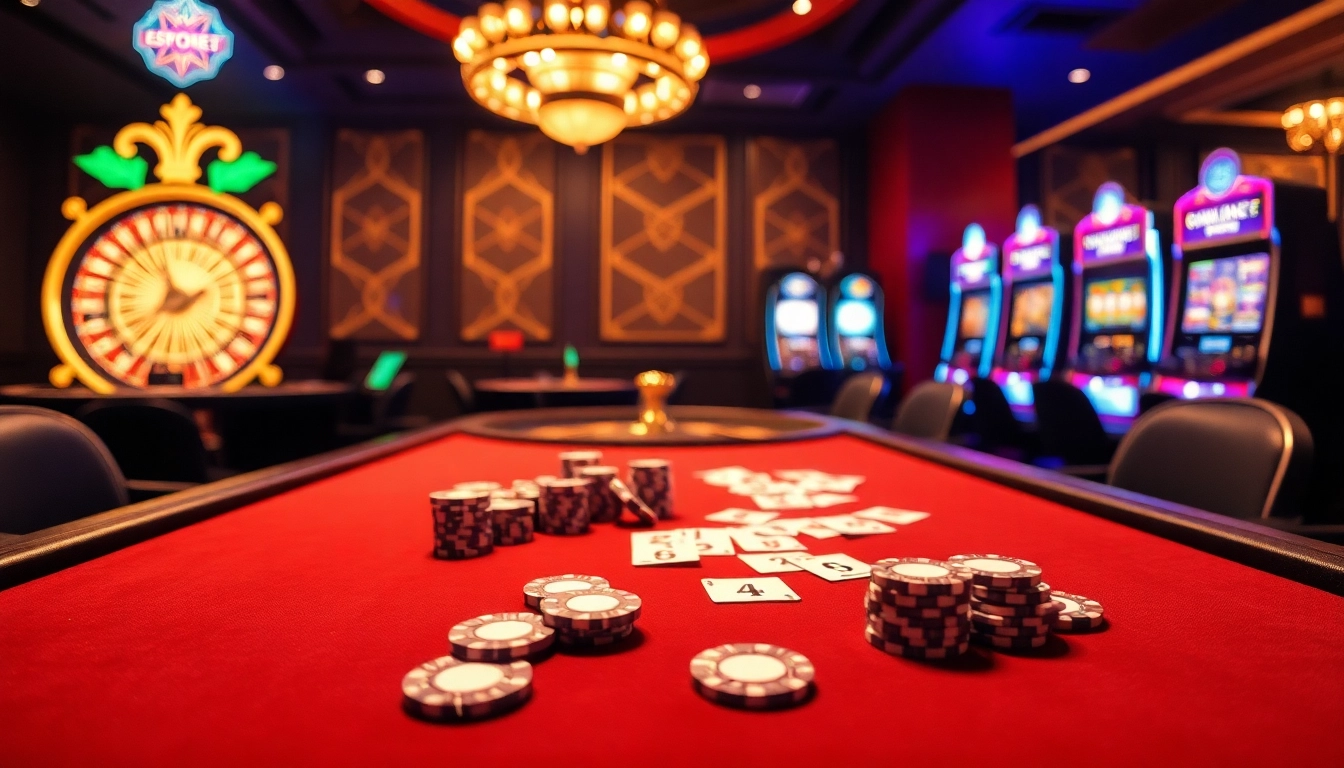 Engage in thrilling poker games at 8kbettt.co with luxurious casino tables and vibrant slot machines.