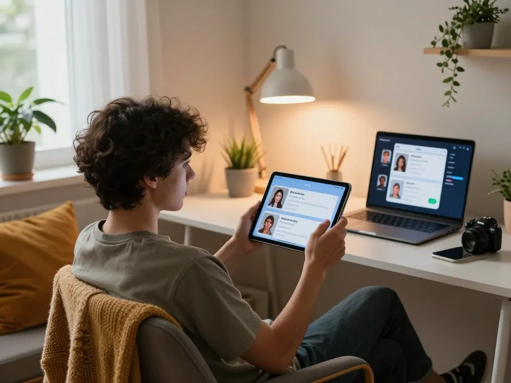 Engaging in AI sex chat on a tablet in a cozy home office setting with intimate atmosphere