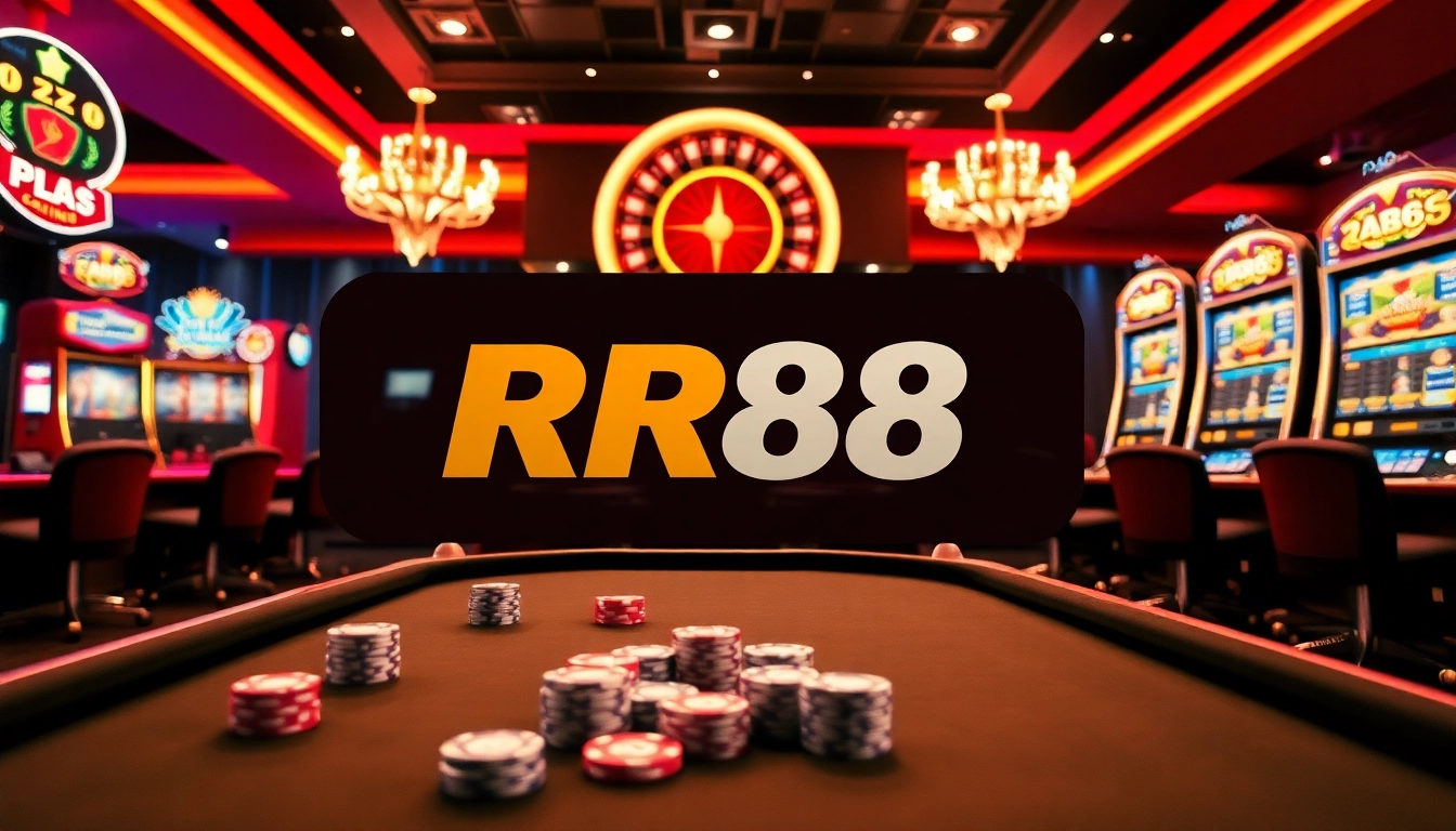 Experience the excitement of RR88 with vibrant casino tables and sleek slot machines in an online gambling scene.