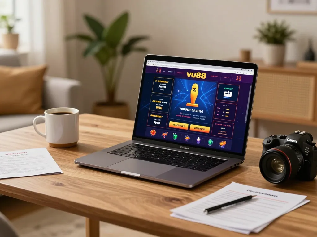 Player engaging with vu88 online casino on laptop at home, surrounded by strategic notes and a cozy atmosphere.