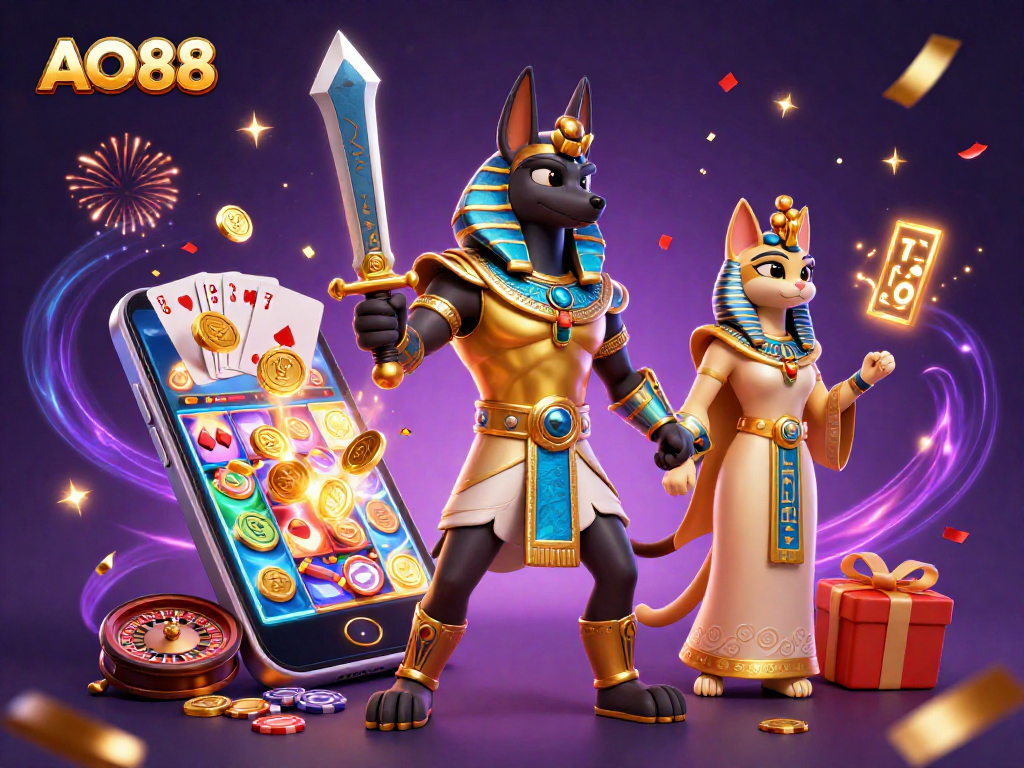 Engage with AO88's thrilling slot games featuring Anubis and Bastet in a dynamic scene