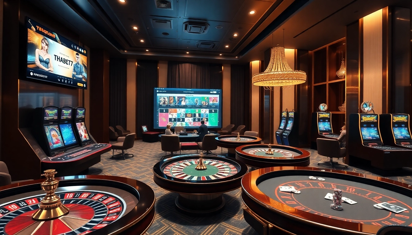 Engage in exciting games at https://thabet77.sa.com/ featuring vibrant poker tables, dynamic roulette wheels, and rich casino decor.