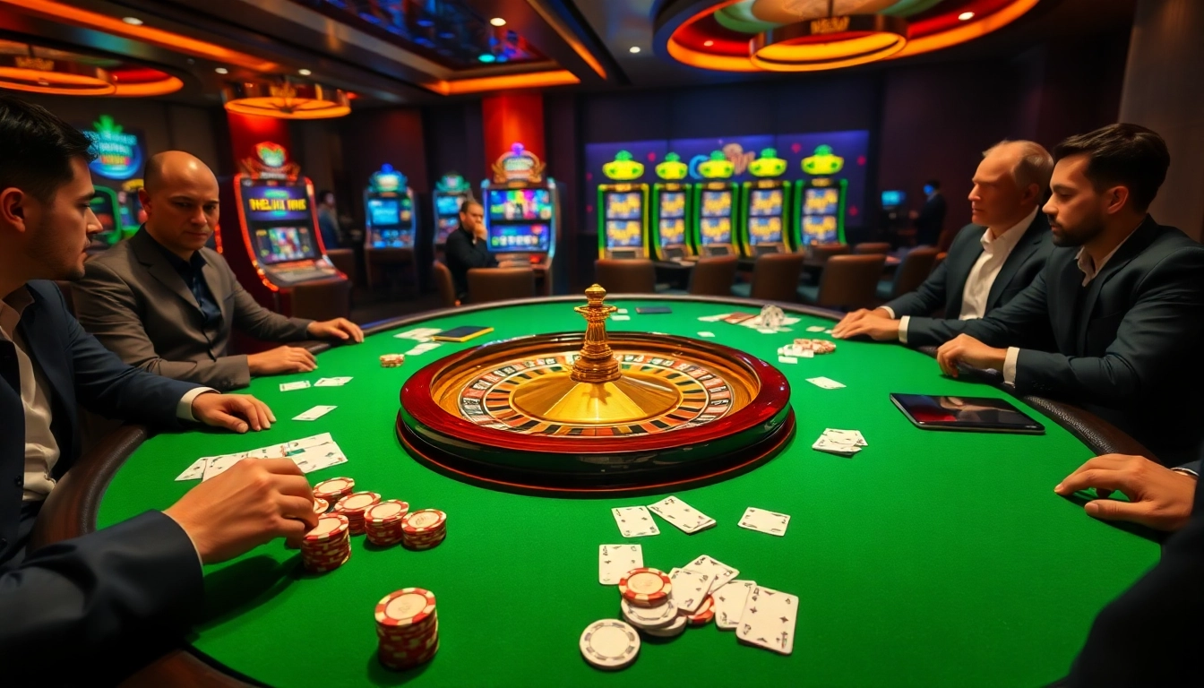 Intense poker gameplay at a luxurious casino table showcasing 33WIN excitement.