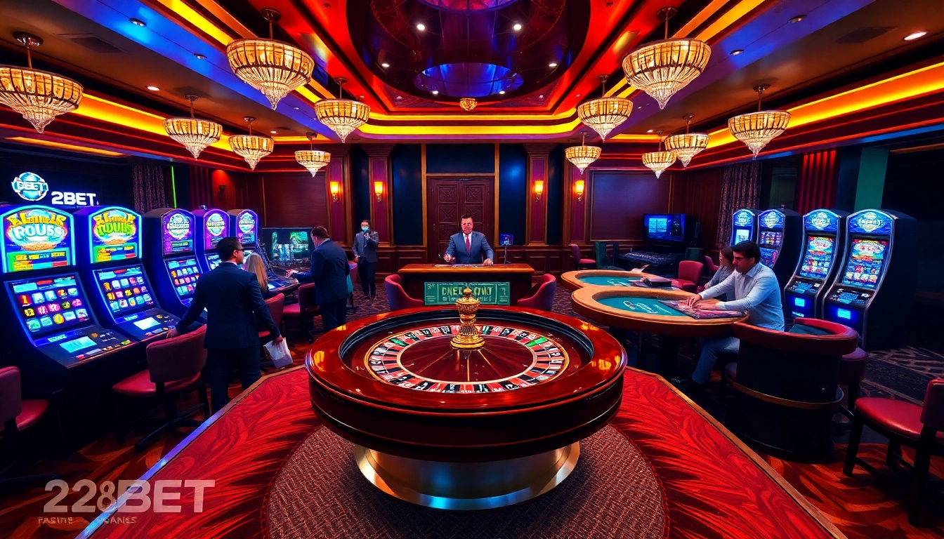 Experience the thrilling atmosphere of 28BET's luxurious casino with vibrant gaming tables and live dealers.