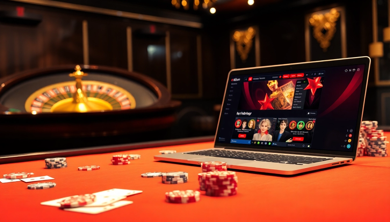 A vibrant casino setup showcasing okfun features with poker chips, cards, and a roulette wheel, highlighting the thrill of gambling.