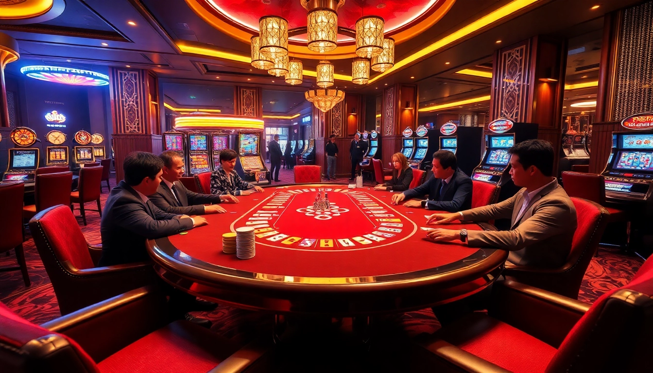 Players enjoying a KK55 poker game in a luxurious casino setting, featuring vibrant chips and cards.