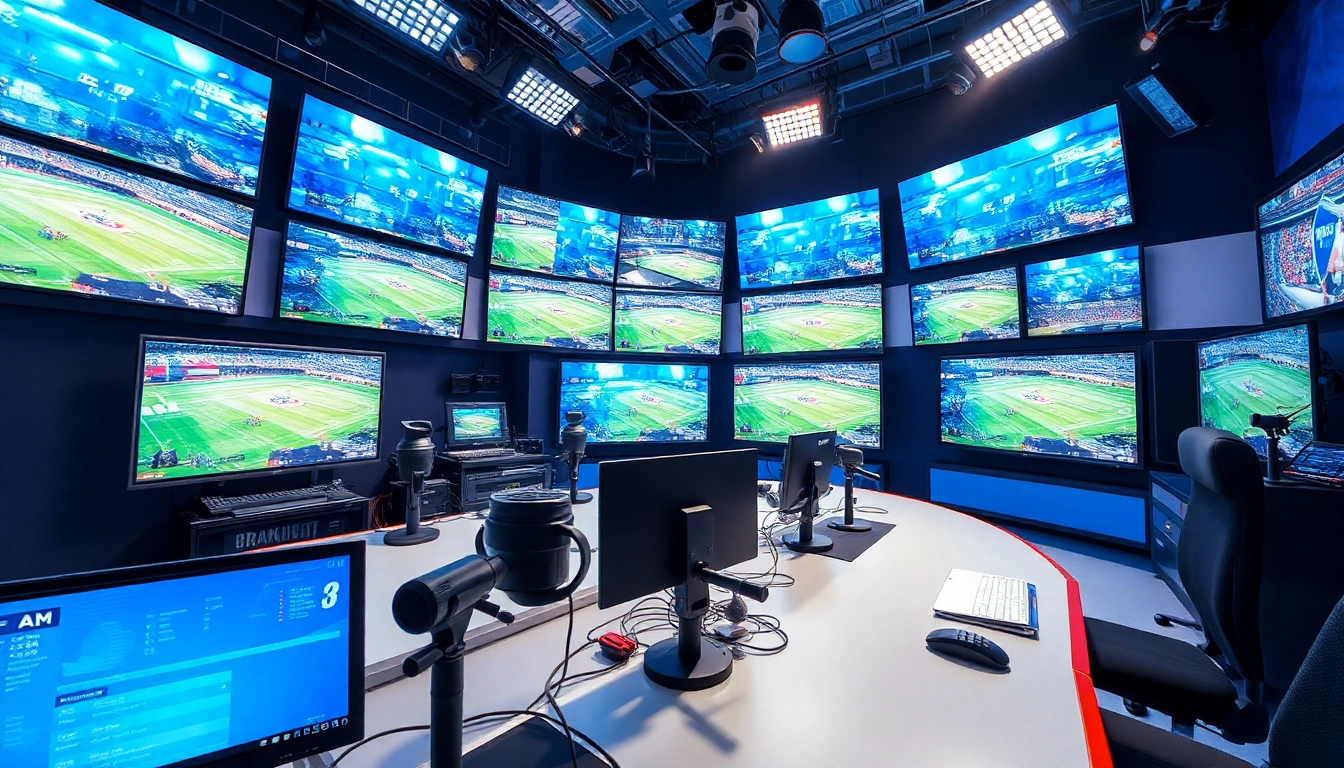 Dynamic sports broadcasting setup showcasing equipment and live event screens.