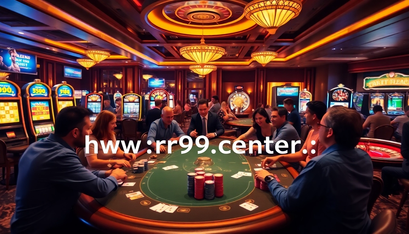 Experience the vibrant energy of gambling at https://rr99.center/ with players at a stylish poker table.