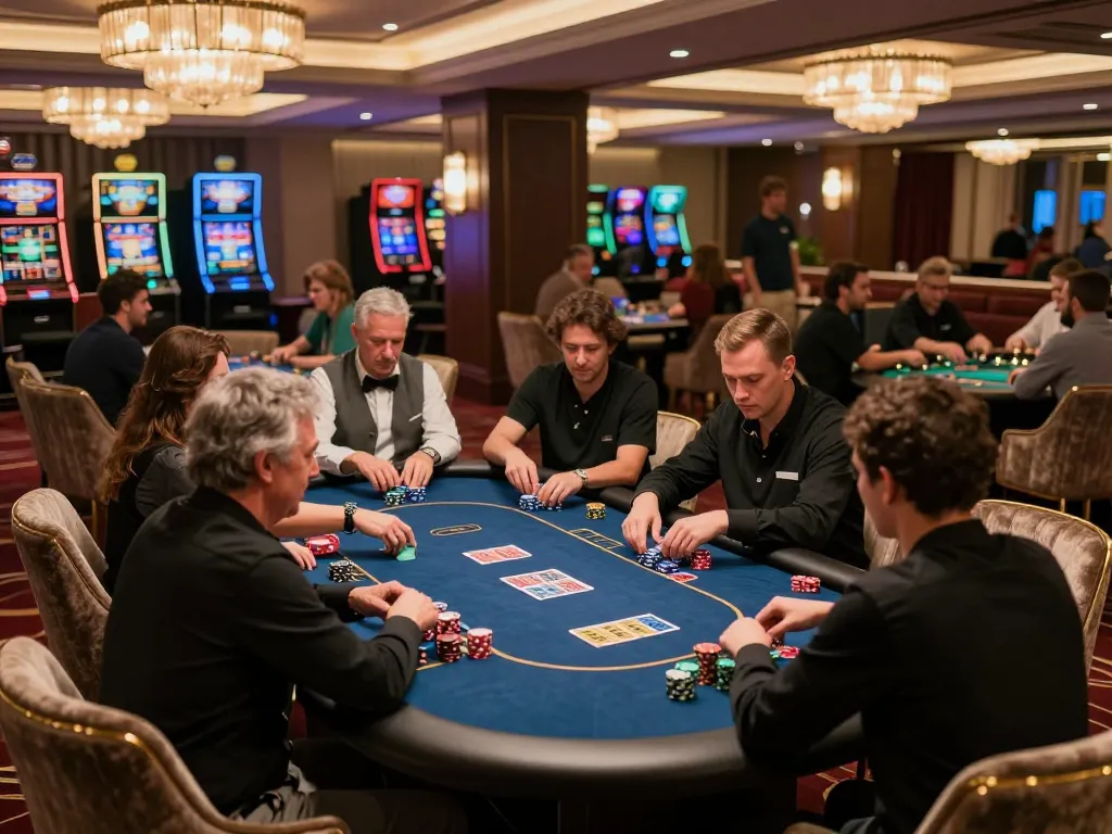 High-rollers calculating bets in a luxurious VIP gaming area, showcasing TG88 strategic poker gameplay