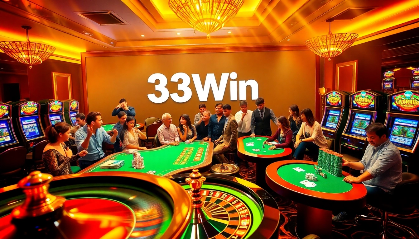 Engaged players enjoying the thrilling atmosphere at 33Win casino showcasing roulette and slot machines.