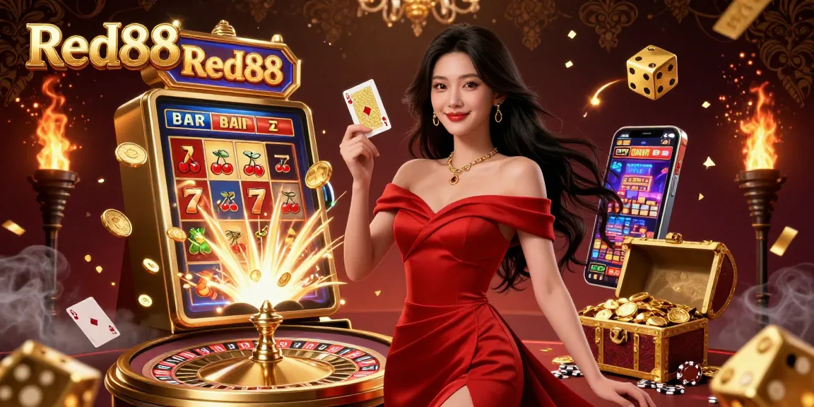 Experience the excitement of Red88 with a stunning illustration of a glamorous woman playing casino games.