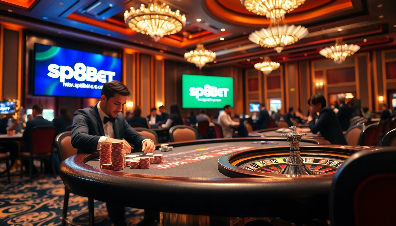 Engage in thrilling games at https://sp8bet.co.com/ featuring a luxurious casino table, vibrant roulette wheel, and excited players.