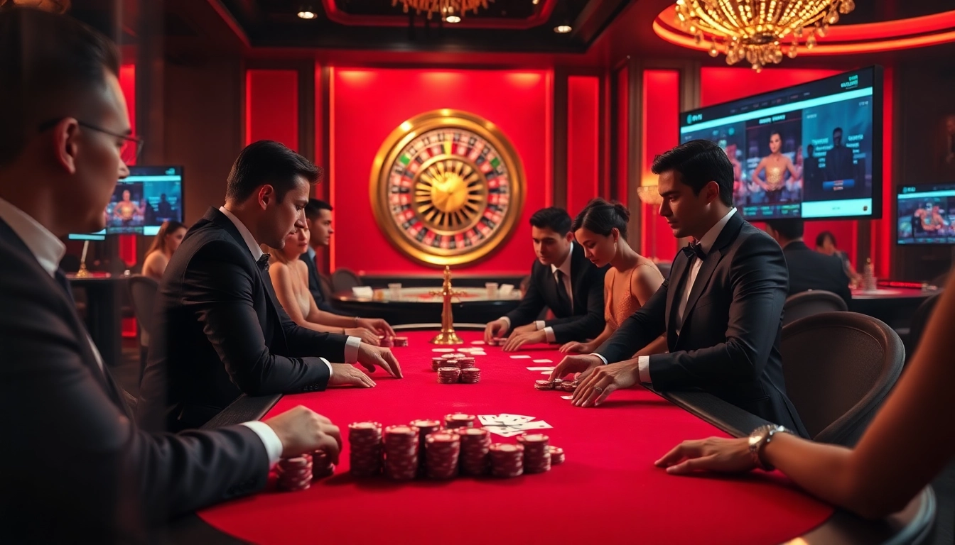 Players engaging in intense poker action at BL555 casino table, showcasing excitement and luxury.