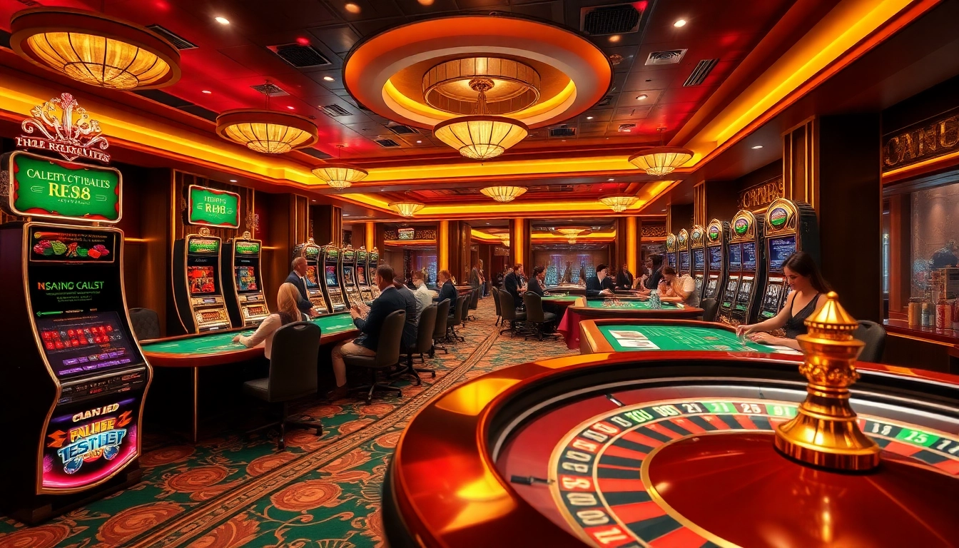 Exciting casino scene with RR88 branding, featuring players at tables, slot machines, and poker chips.