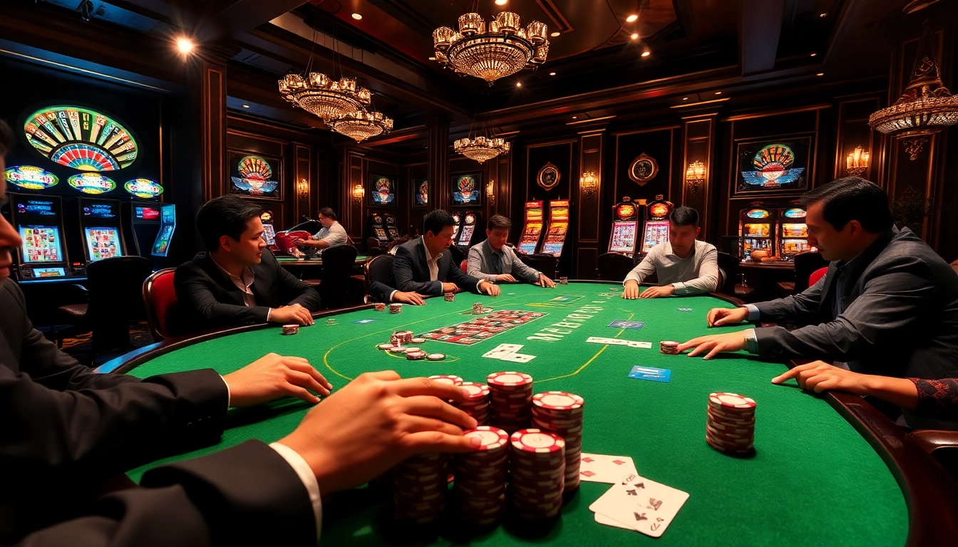 Players at a high-stakes table enjoying poker action while surrounded by casino excitement with daga-themed decor.