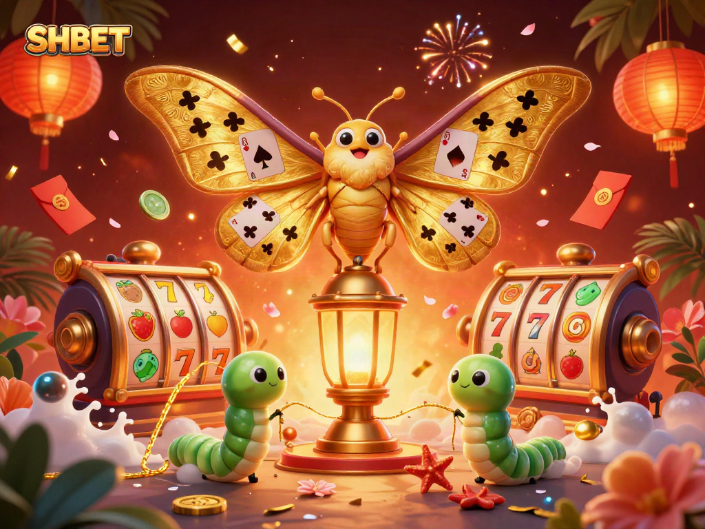 Experience SHBET's dynamic casino offerings with a vibrant 3D illustration featuring an atlas moth and slot reels.