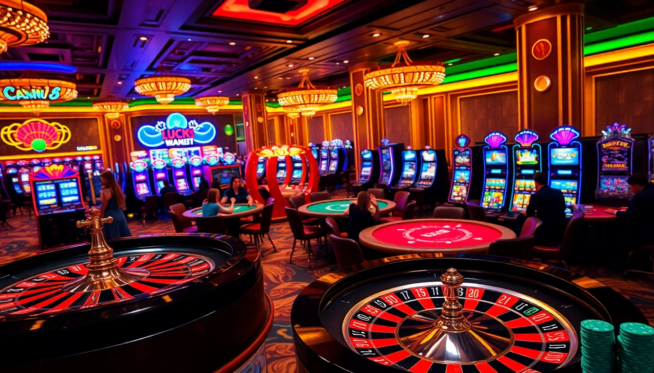 A thrilling gaming scene at Trang chủ LUCK8, highlighting poker tables, roulette, and vibrant slot machines.