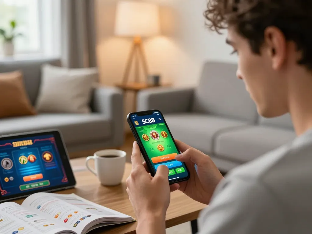 Engaged player using the SC88 app for a seamless online gambling experience at home.