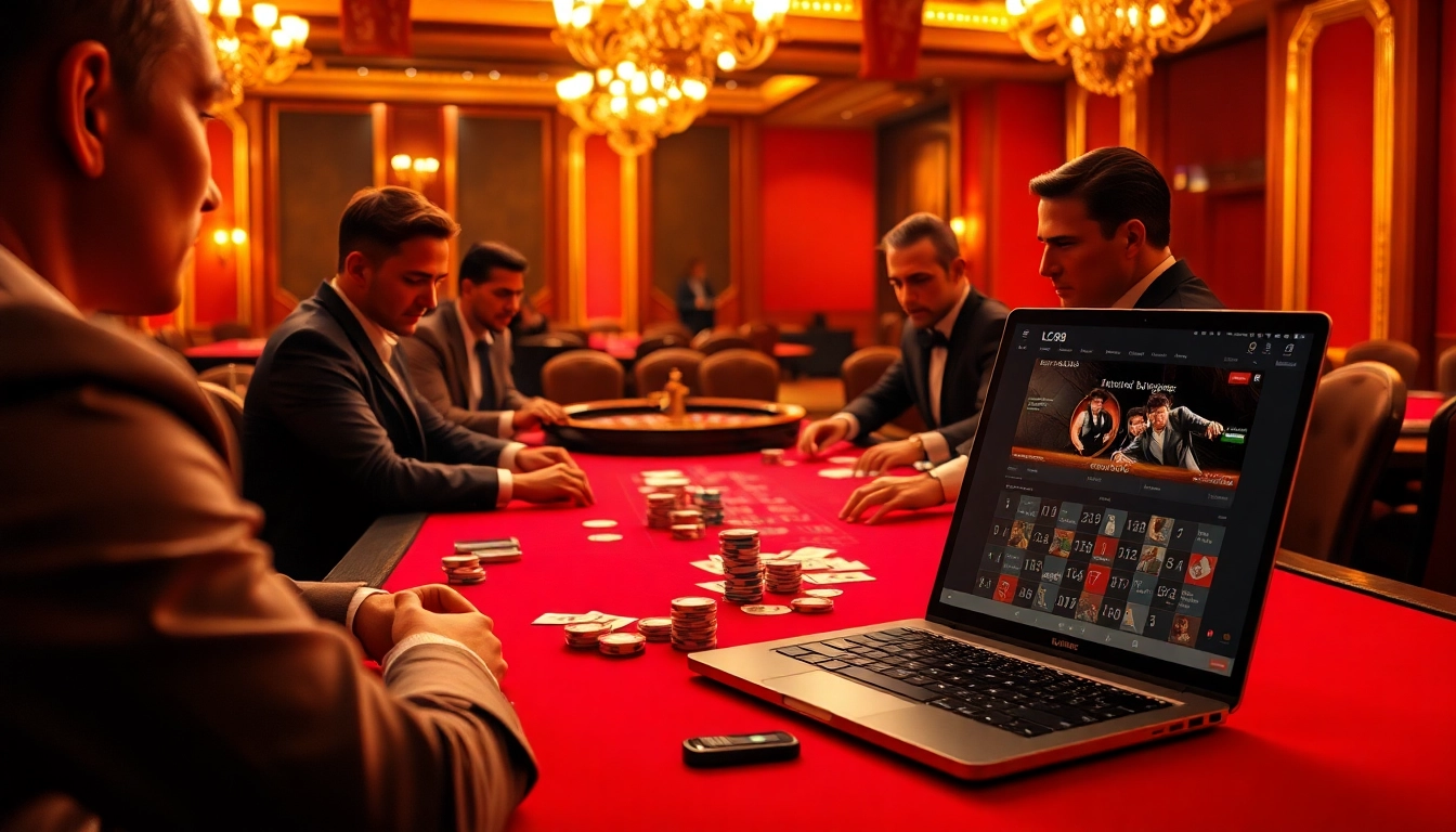 Players engaging at a luxurious poker table, strategically gambling on LC88.
