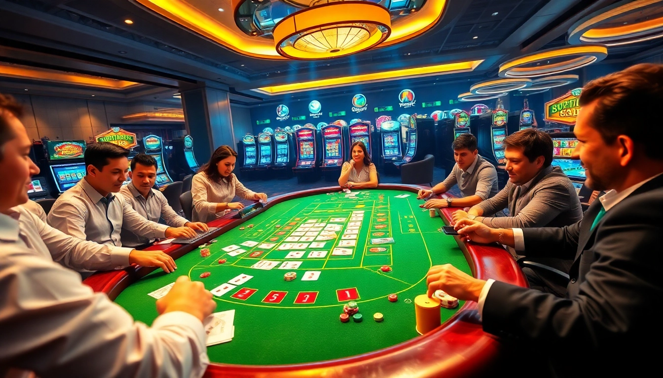 Players enjoying the thrill of GO 88 at a vibrant casino table with cards and chips.