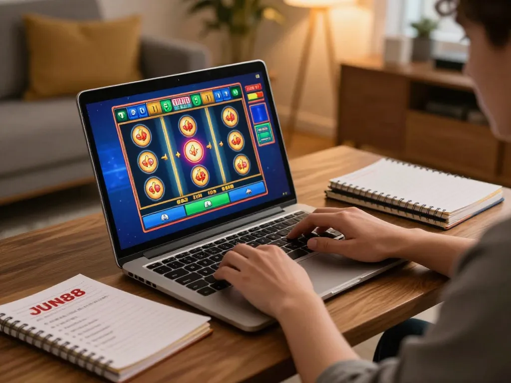 Player engaging in dynamic slot game at JUN88 on laptop in cozy home environment