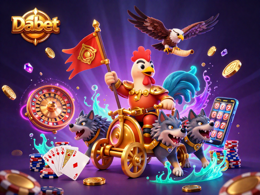 Dabet showcases a fierce 3D cartoon rooster warlord conquering a vibrant casino scene with golden coins and bright roulette wheels.