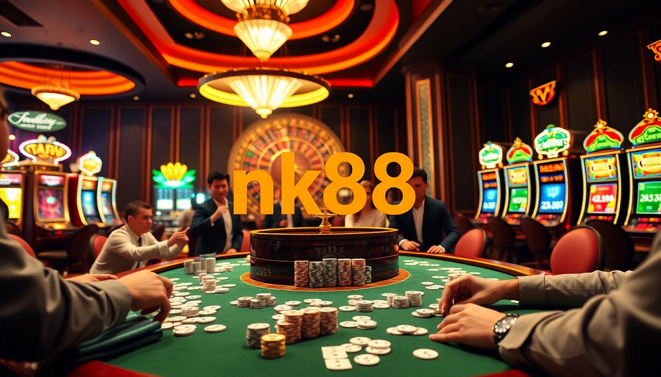 Exciting casino gameplay featuring nk88 with vibrant poker tables, roulette wheels, and slot machines.