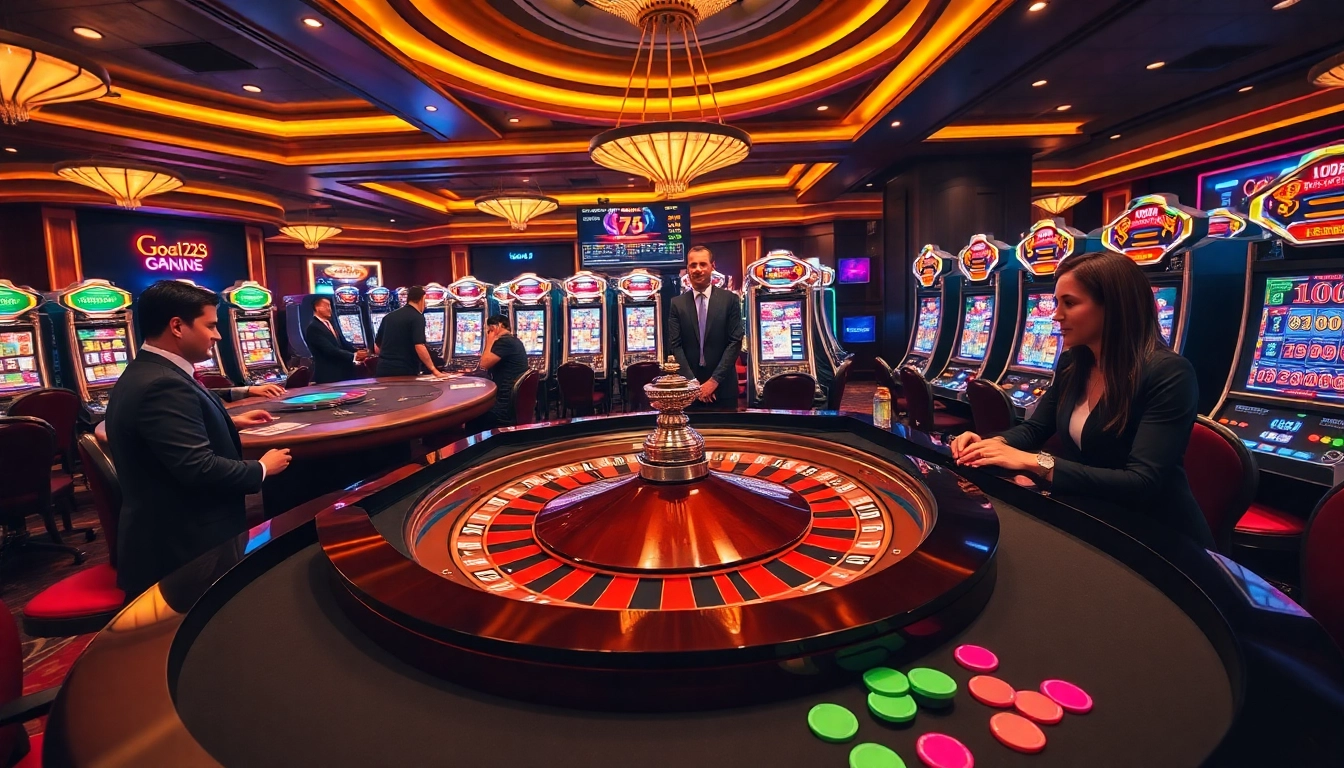 Experience luxury and excitement while playing at Goal123 casino's roulette table, surrounded by vibrant atmosphere.