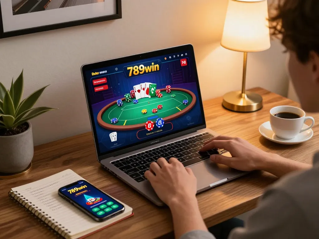 Engaging player at home using 789win for online poker, showcasing dynamic gameplay and strategic insights.