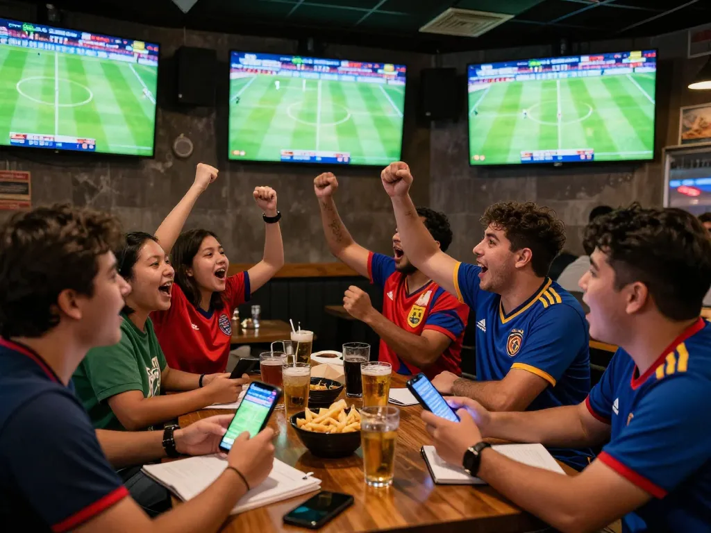 Fans celebrating goals while monitoring ผลบอลวันนี้ at a lively sports bar during intense moments.