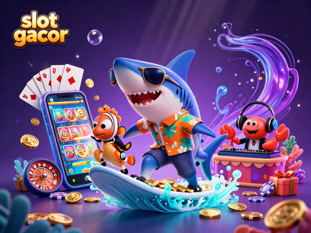 Engage with slot gacor in a vibrant underwater casino scene featuring fun characters and gaming elements.